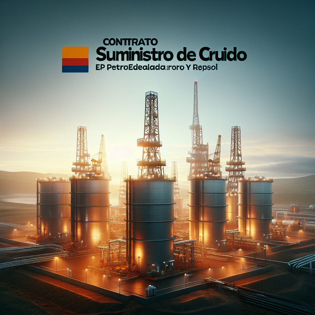 Instalaciones petroleras de EP Petroecuador con tanques y torres de perforación al amanecer