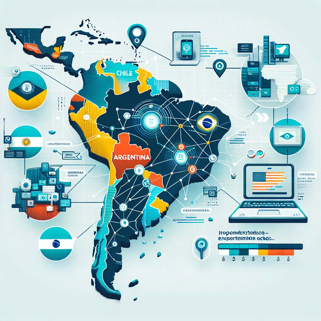 Mapa de América Latina mostrando Argentina, Brasil y Chile conectados por tecnología de software