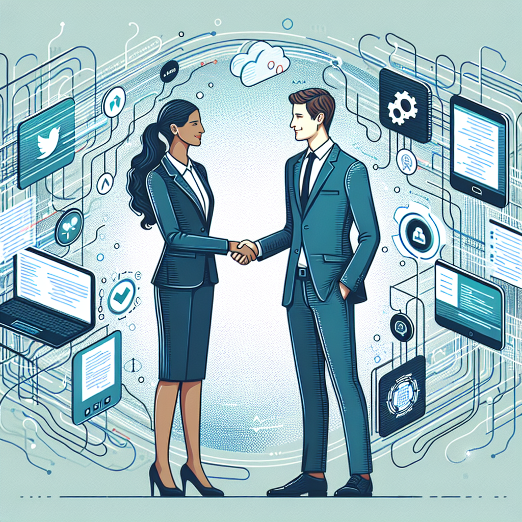 Apretón de manos con íconos digitales representando cooperación tecnológica entre países