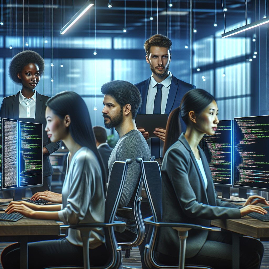 Equipo de desarrolladores de software trabajando en computadoras con gráficos digitales